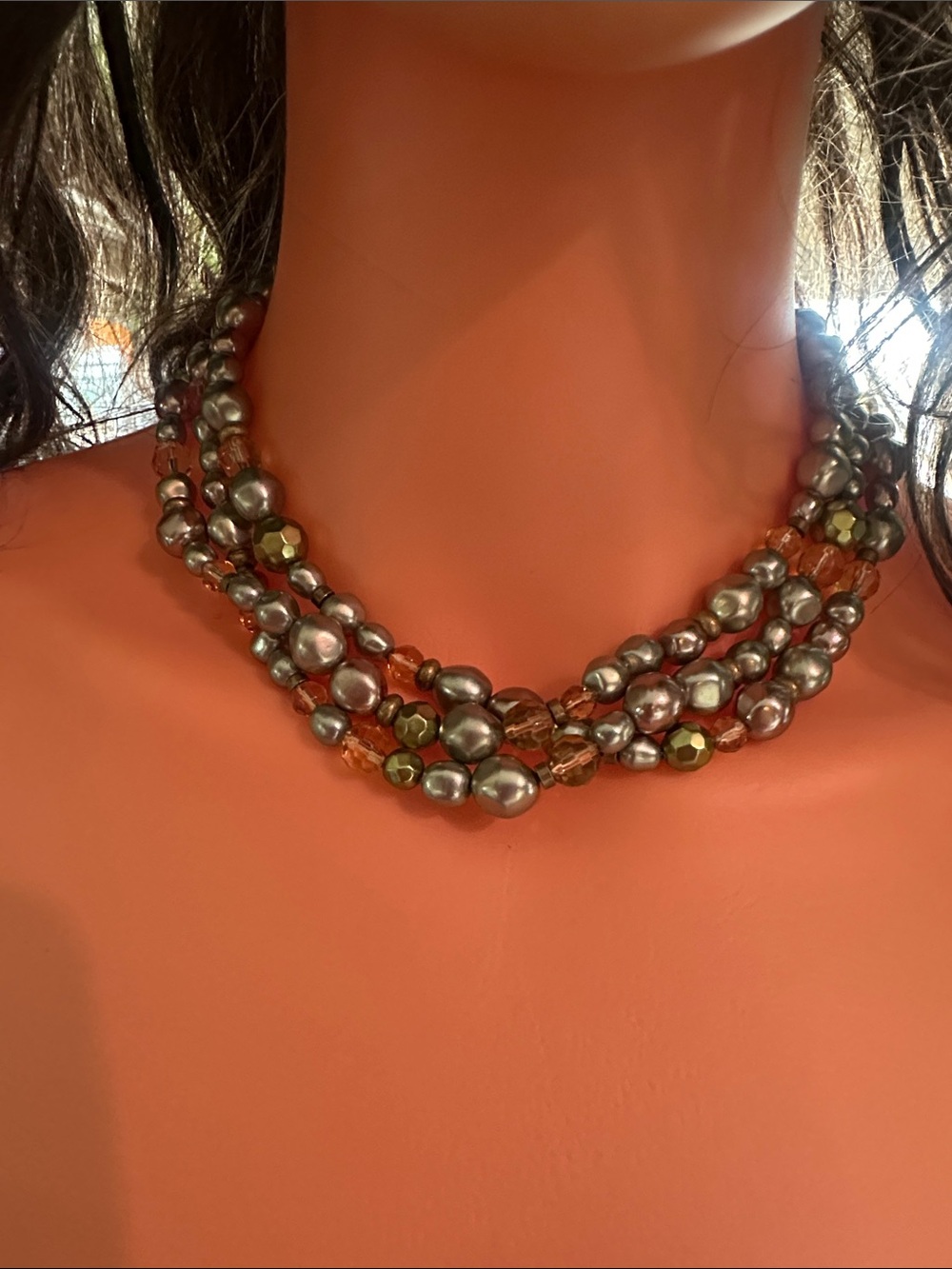 Vintage Multi-Strand 17 inches long Metallic Pearl and Amber Crystal Necklace